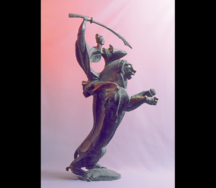 Манжушри он острым мечем разрубает облака сомнений. (Бронза)